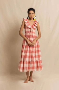 Birdie Dress In Pink Handloom Check