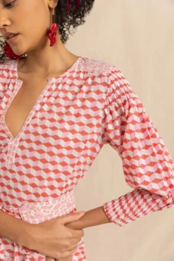 Eve Dress In Coral Falling Blocks -TUKE BAZAAR Sales Store EveDressinCoralFallingBlocksRVP 8401 scaled