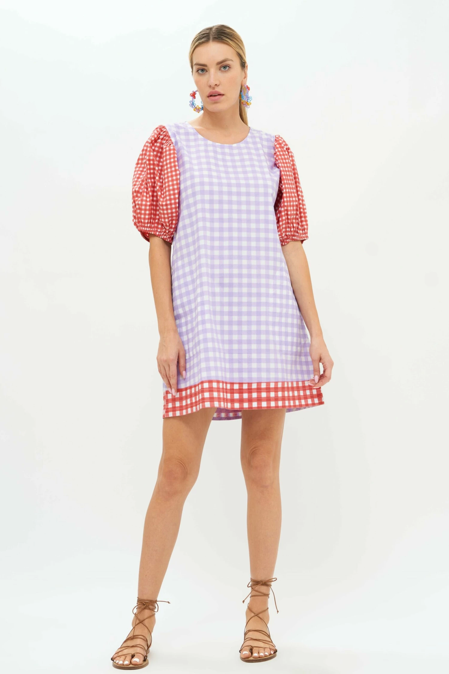 Puff Crew Neck- Gingham Lavender 1 Puff Crew Neck- Gingham Lavender