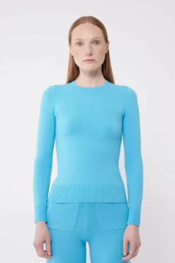 Aqua Peachskin Long Sleeve Crew Neck