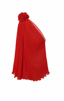 One Shoulder Rosette Blouse -TUKE BAZAAR Sales Store NA035 Red 2