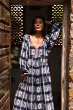 Frida Dress In Blue Handloom Ikat