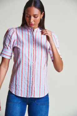 The Short Sleeve Puffed Shoulder Shirt -TUKE BAZAAR Sales Store ShortSleevePuffedShoulderShirt Coral BlueStripes 1