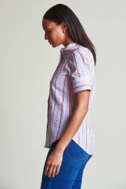 The Short Sleeve Puffed Shoulder Shirt -TUKE BAZAAR Sales Store ShortSleevePuffedShoulderShirt Coral BlueStripes 2