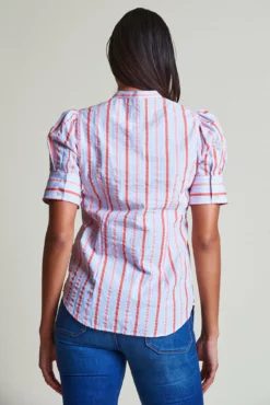 The Short Sleeve Puffed Shoulder Shirt -TUKE BAZAAR Sales Store ShortSleevePuffedShoulderShirt Coral BlueStripes 3