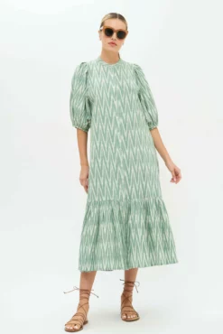 Button Puff Sleeve Midi- Tashkent Green